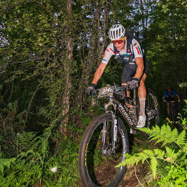 Mann på sykkel i skogen